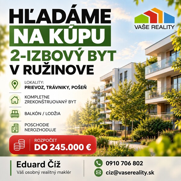 Hľadáme byt v Ružinove – kúpa do 245.000 €